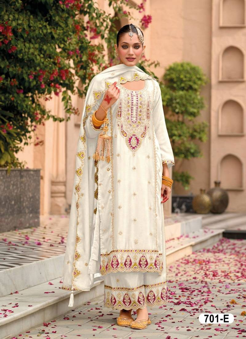 Super Hit 701 D To F Chinon Embroidered Salwar Suits Wholesale In India